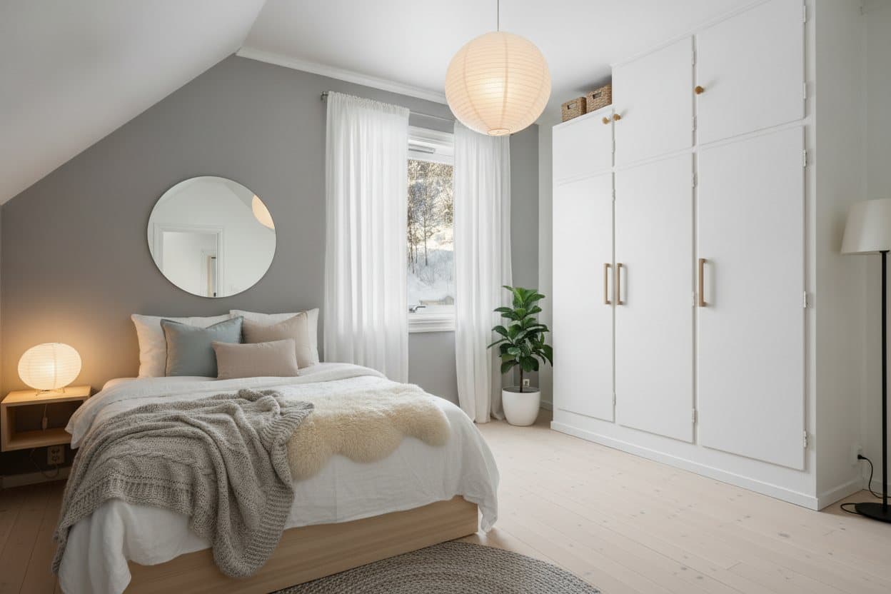 The same attic bedroom furnished in a Scandinavian style by Decorly
