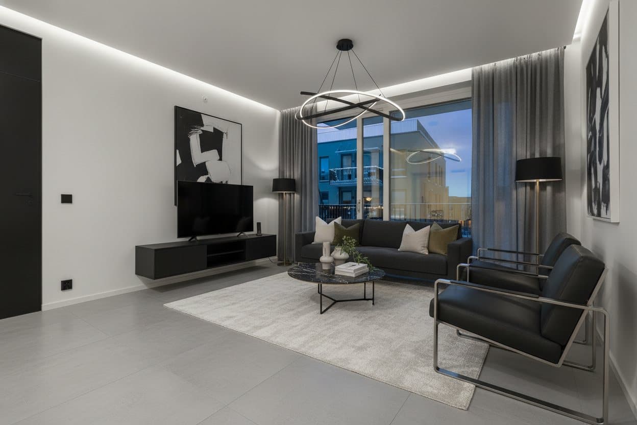 The same living room furnished in a modern style by Decorly