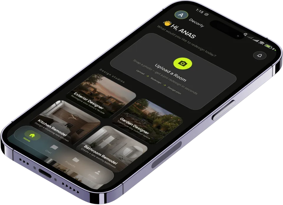 The Decorly AI home-design app running on a phone